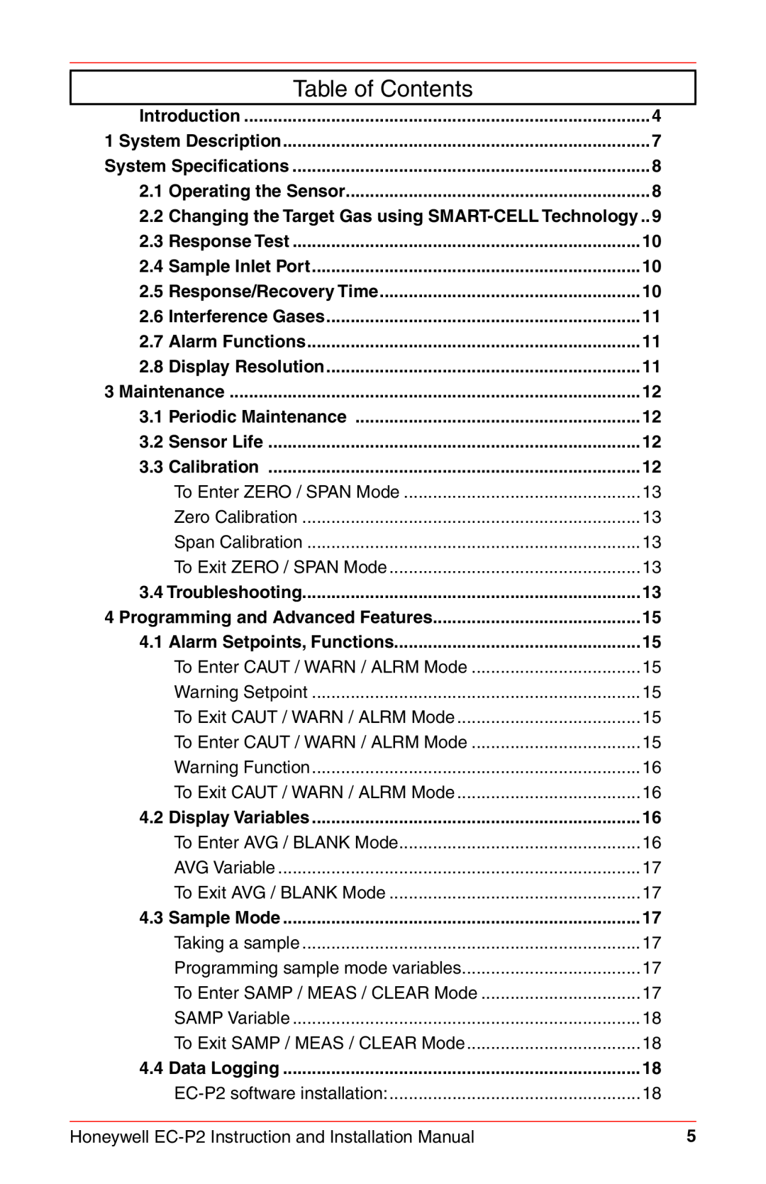 Honeywell EC-P2 instruction manual Table of Contents 