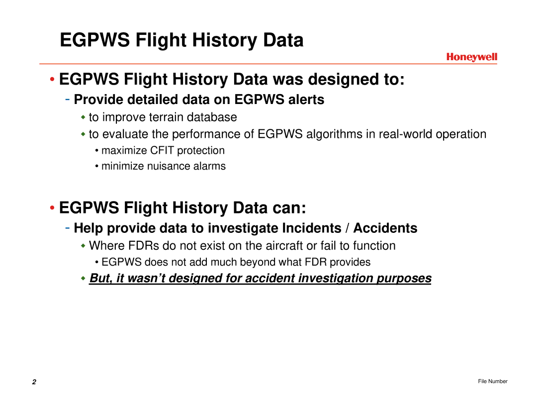 Honeywell EGPWS manual Egpws Flight History Data was designed to, Egpws Flight History Data can 