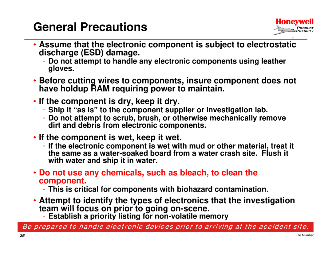 Honeywell EGPWS manual General Precautions, If the component is wet, keep it wet 