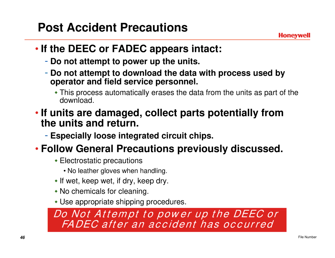 Honeywell EGPWS manual Post Accident Precautions, If the Deec or Fadec appears intact, Units and return 