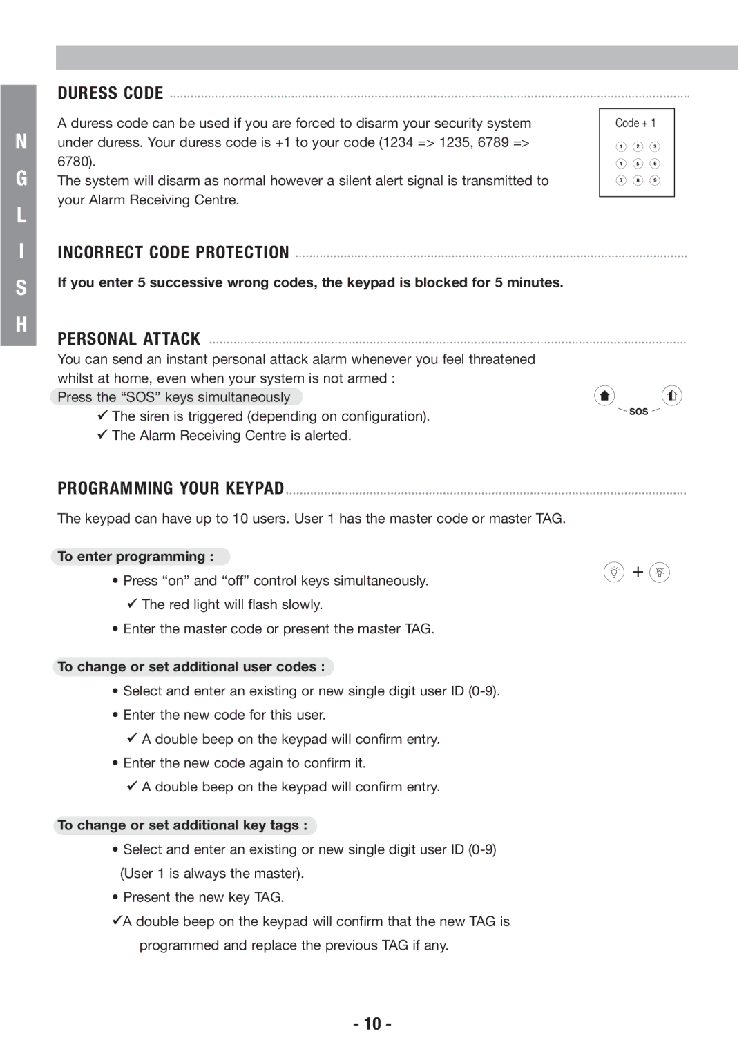 Honeywell EKZ008200B Personal Attack, Programming Your Keypad, To enter programming, To change or set additional key tags 