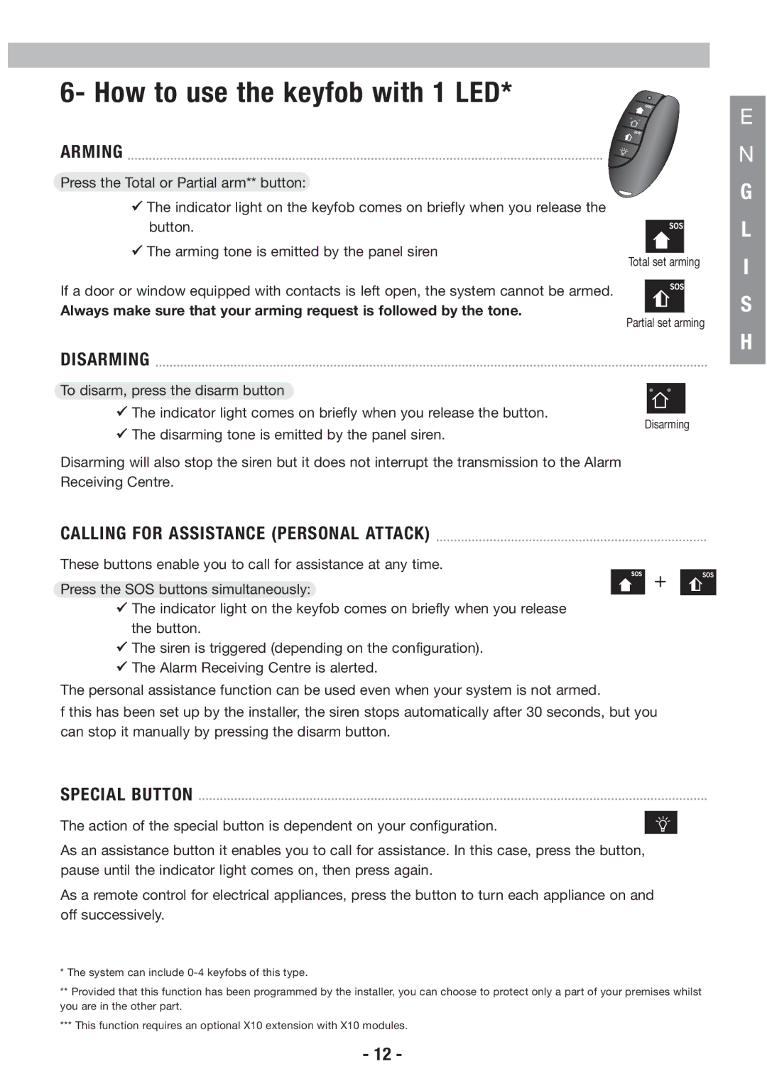 Honeywell EKZ008200B How to use the keyfob with 1 LED, Arming, Disarming, Calling for Assistance Personal Attack 