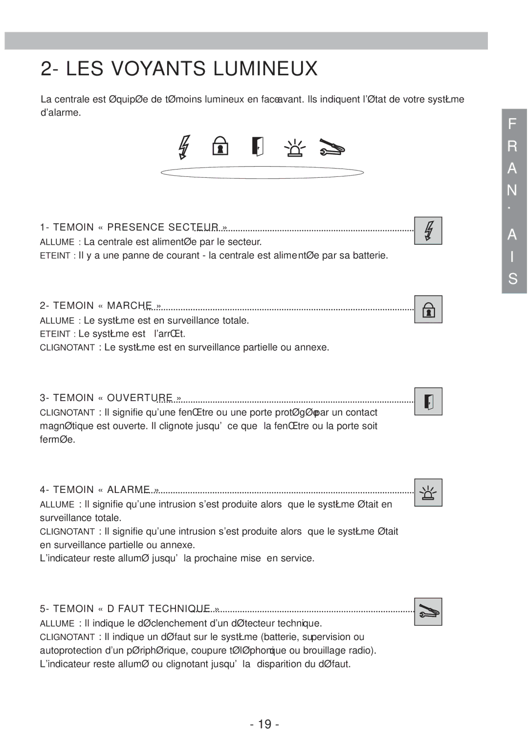 Honeywell EKZ008200B user manual Temoin « Presence Secteur », Temoin « Marche », Temoin « Ouverture » 