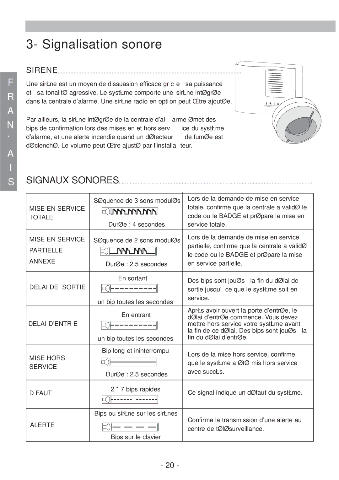 Honeywell EKZ008200B user manual Signalisation sonore, Sirene, Déclenché. Le volume peut être ajusté par linstallateur 