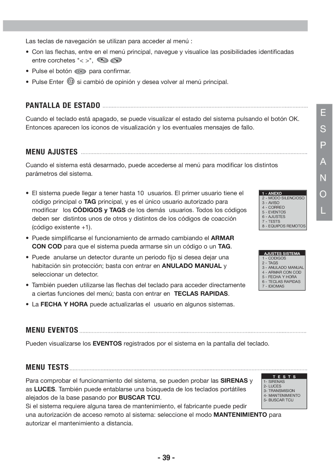 Honeywell EKZ008200B user manual Menu Ajustes, Menu Eventos 