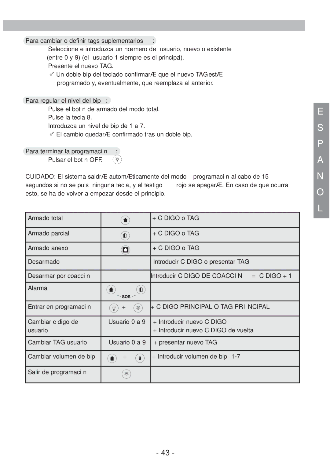 Honeywell EKZ008200B user manual Para cambiar o definir tags suplementarios, Para regular el nivel del bip 