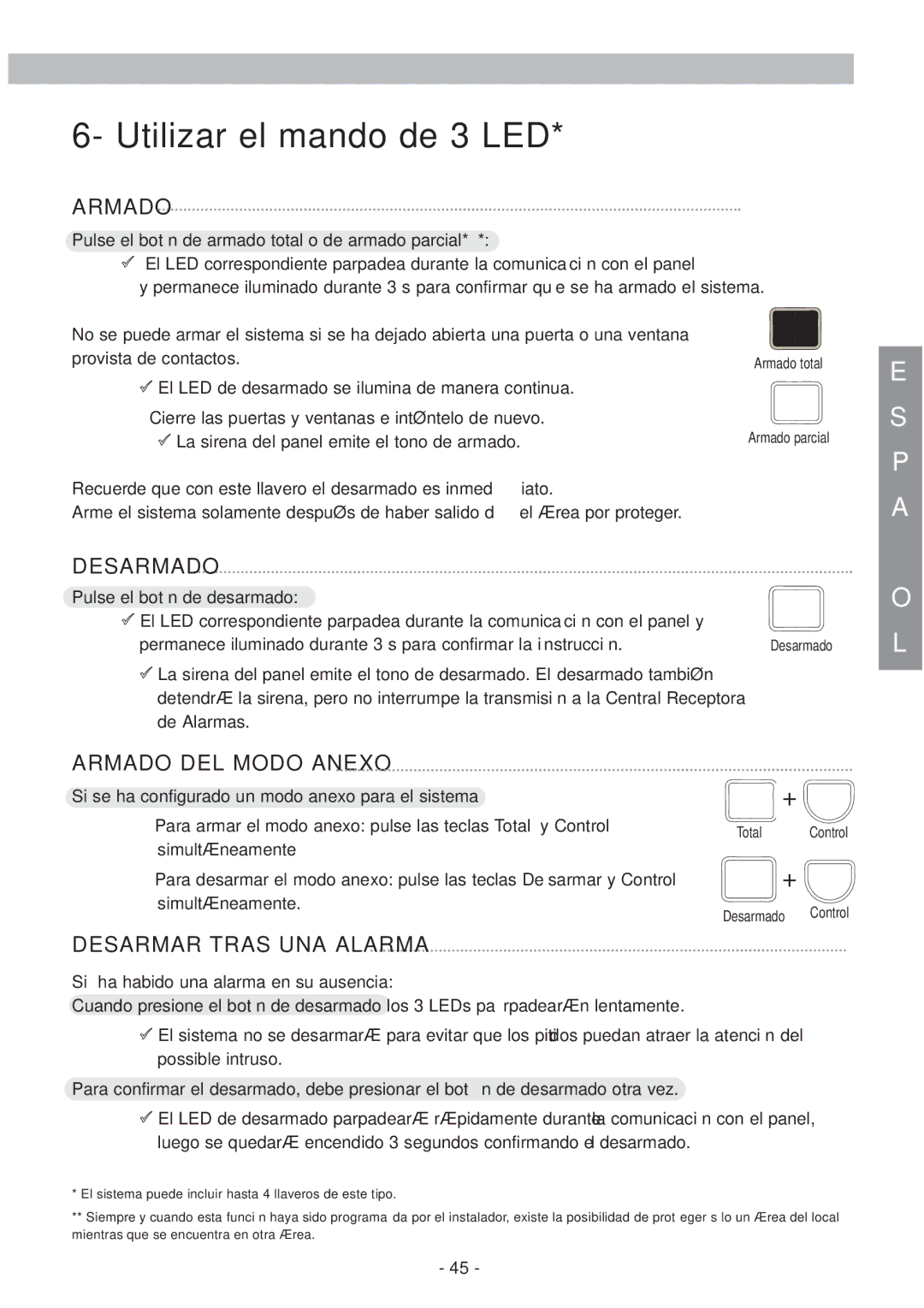 Honeywell EKZ008200B user manual Utilizar el mando de 3 LED, Armado DEL Modo Anexo, Desarmar Tras UNA Alarma 