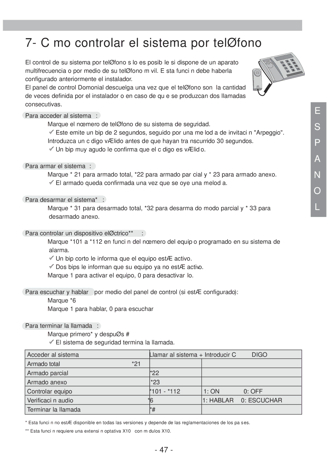 Honeywell EKZ008200B user manual Cómo controlar el sistema por teléfono 