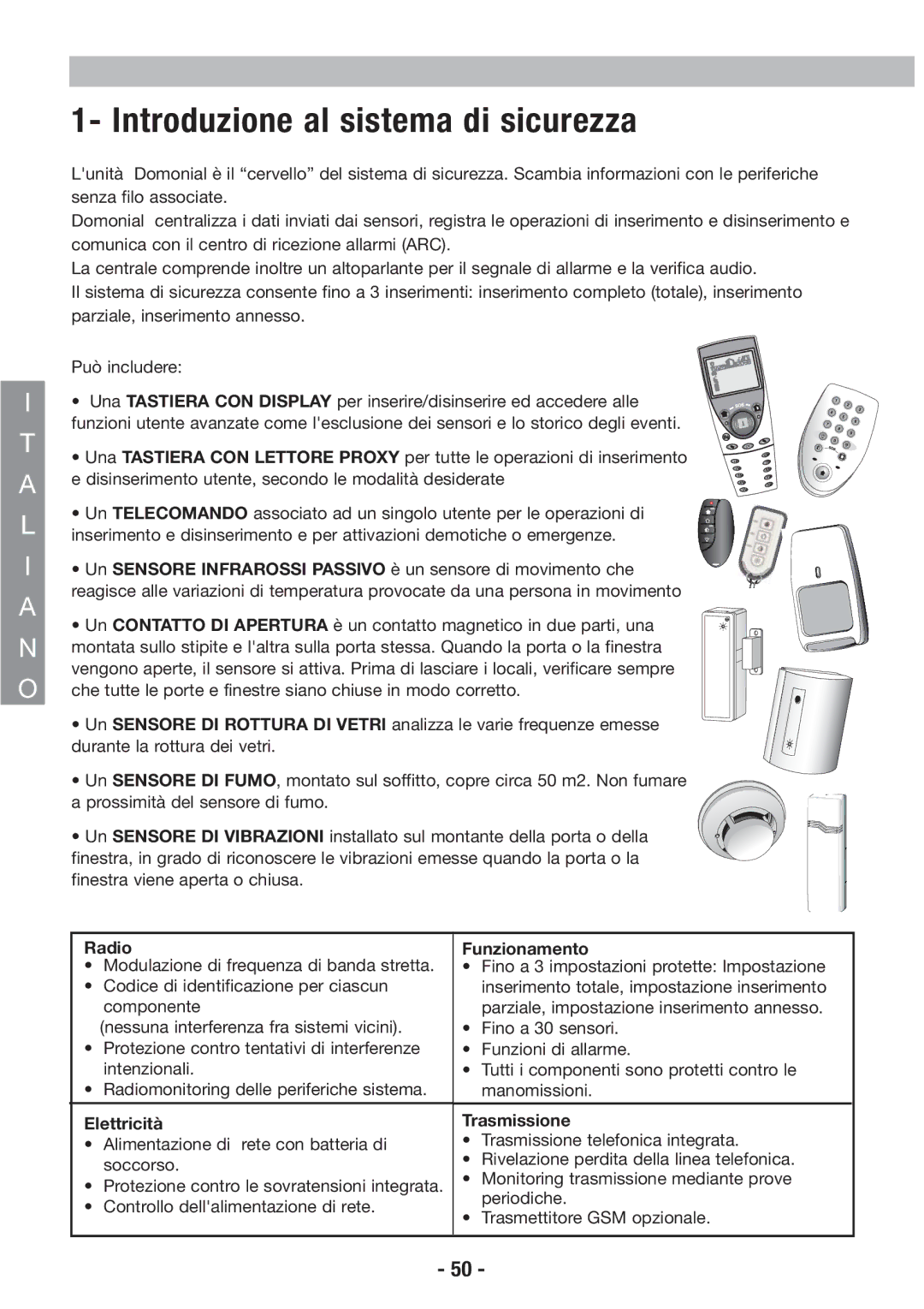 Honeywell EKZ008200B user manual Introduzione al sistema di sicurezza, Radio Funzionamento, Elettricità Trasmissione 