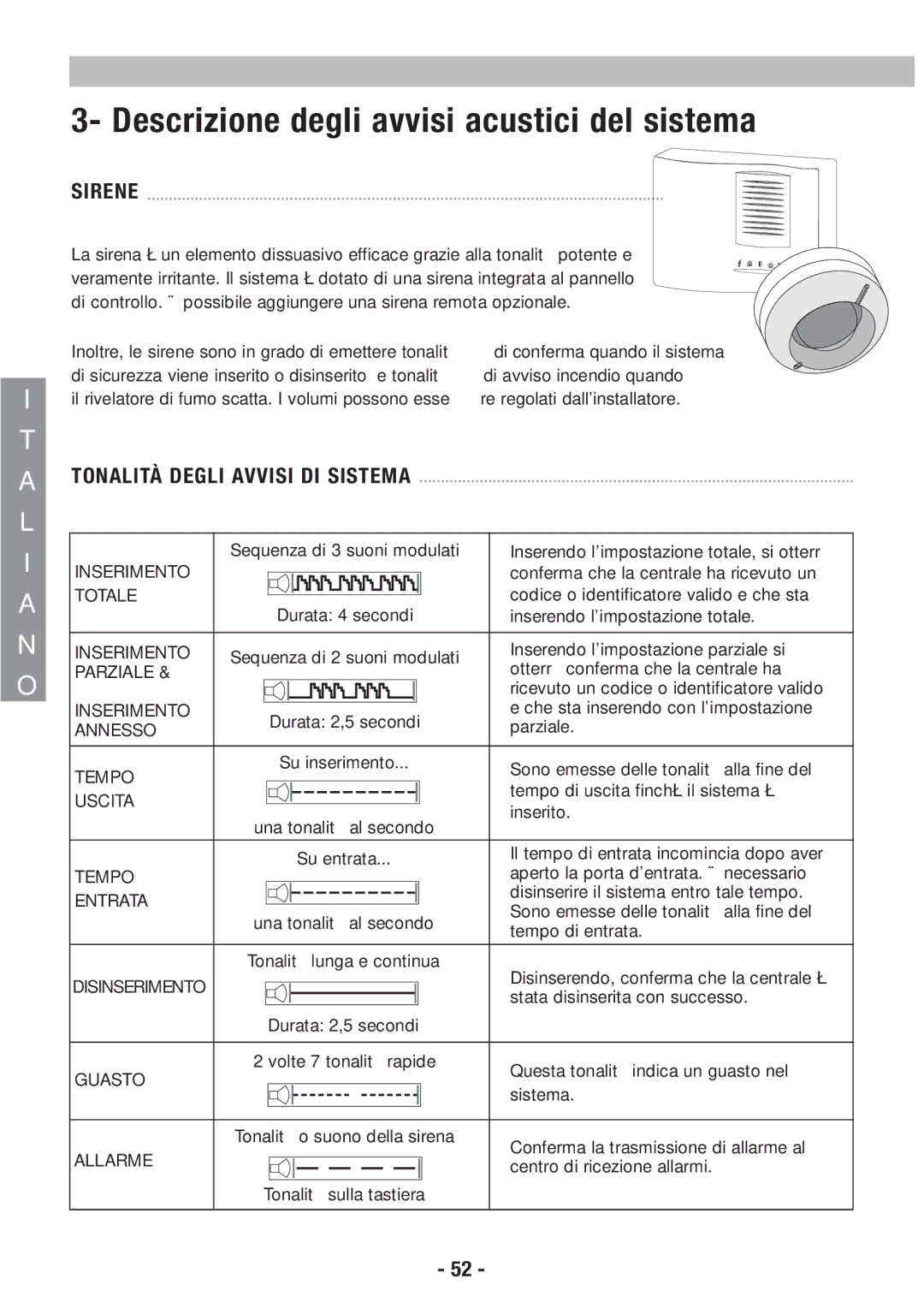 Honeywell EKZ008200B user manual Descrizione degli avvisi acustici del sistema, Tonalità Degli Avvisi DI Sistema 