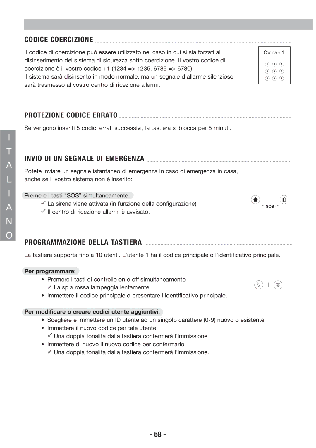 Honeywell EKZ008200B user manual Protezione Codice Errato, Programmazione Della Tastiera, Per programmare 