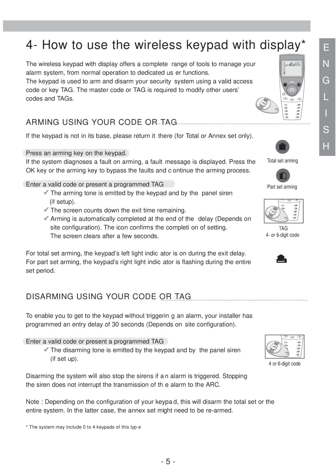 Honeywell EKZ008200B user manual How to use the wireless keypad with display, Arming Using Your Code or TAG 