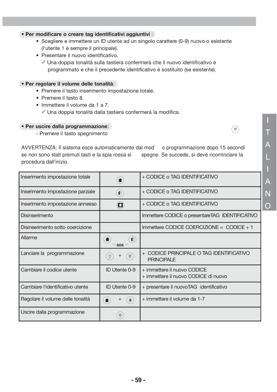 Honeywell EKZ008200B Per modificare o creare tag identificativi aggiuntivi, Per regolare il volume delle tonalità 