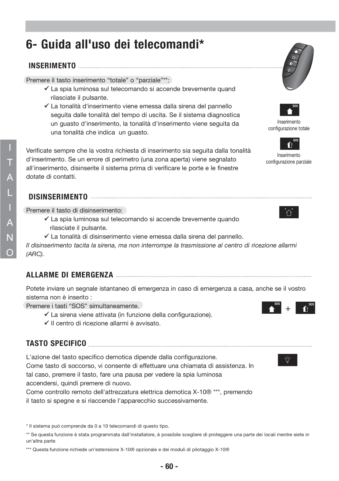 Honeywell EKZ008200B Guida alluso dei telecomandi, Inserimento, Disinserimento, Allarme DI Emergenza, Tasto Specifico 