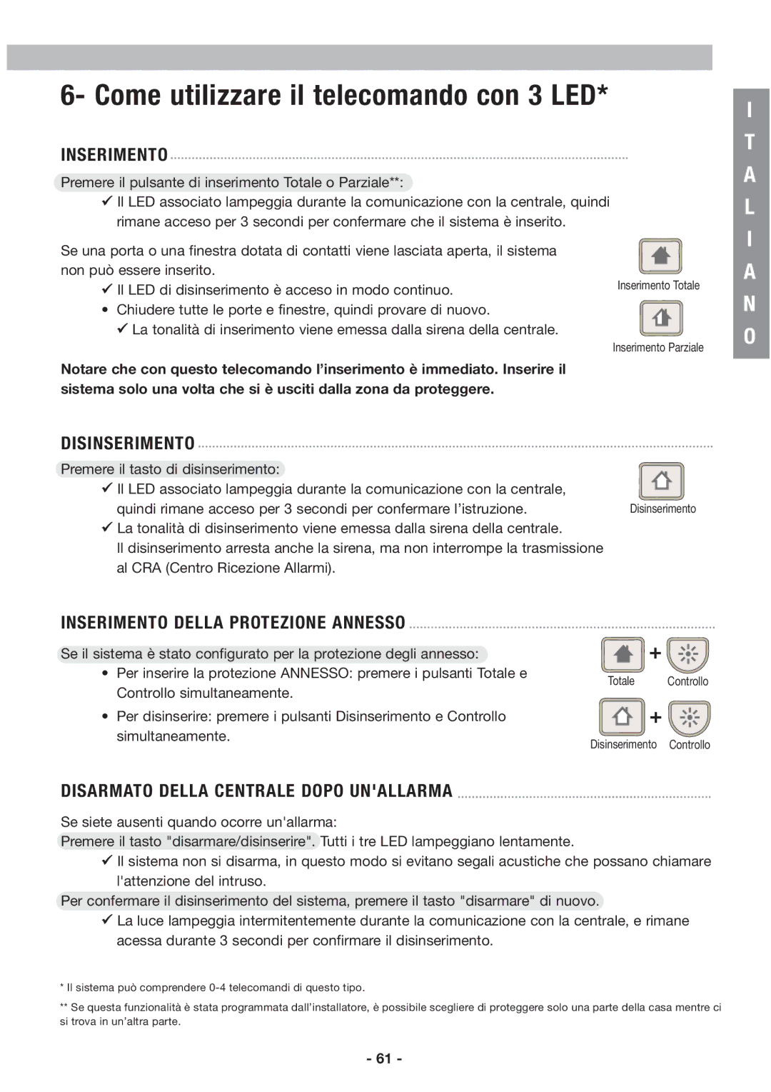 Honeywell EKZ008200B user manual Come utilizzare il telecomando con 3 LED, Inserimento Della Protezione Annesso 