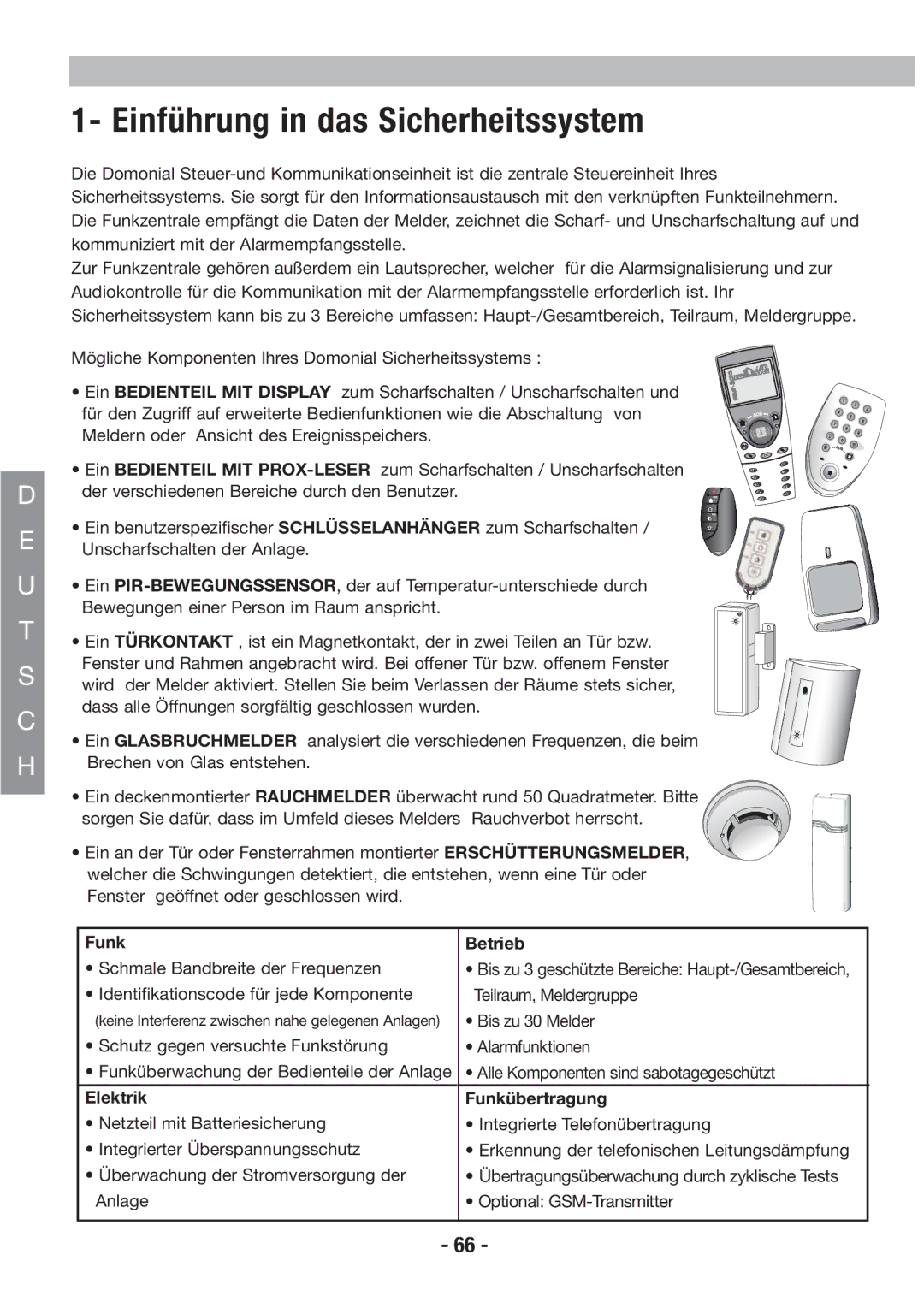 Honeywell EKZ008200B user manual Einführung in das Sicherheitssystem, Funk Betrieb, Elektrik Funkübertragung 