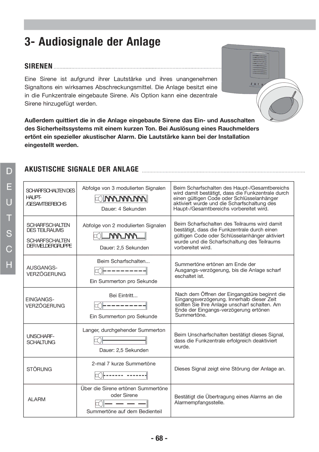 Honeywell EKZ008200B user manual Audiosignale der Anlage, Sirenen, Akustische Signale DER Anlage 