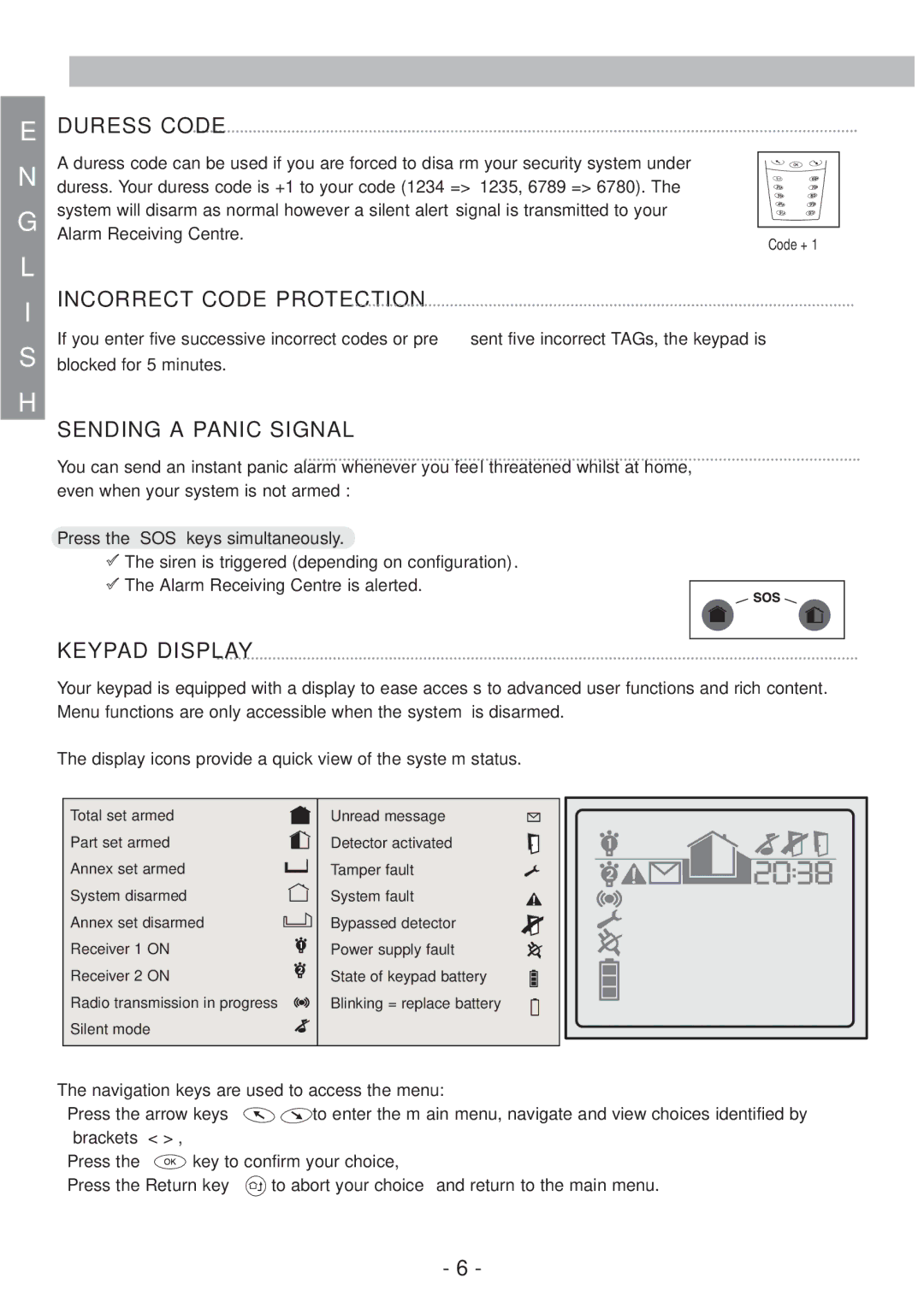 Honeywell EKZ008200B user manual Duress Code, Incorrect Code Protection, Sending a Panic Signal, Keypad Display 