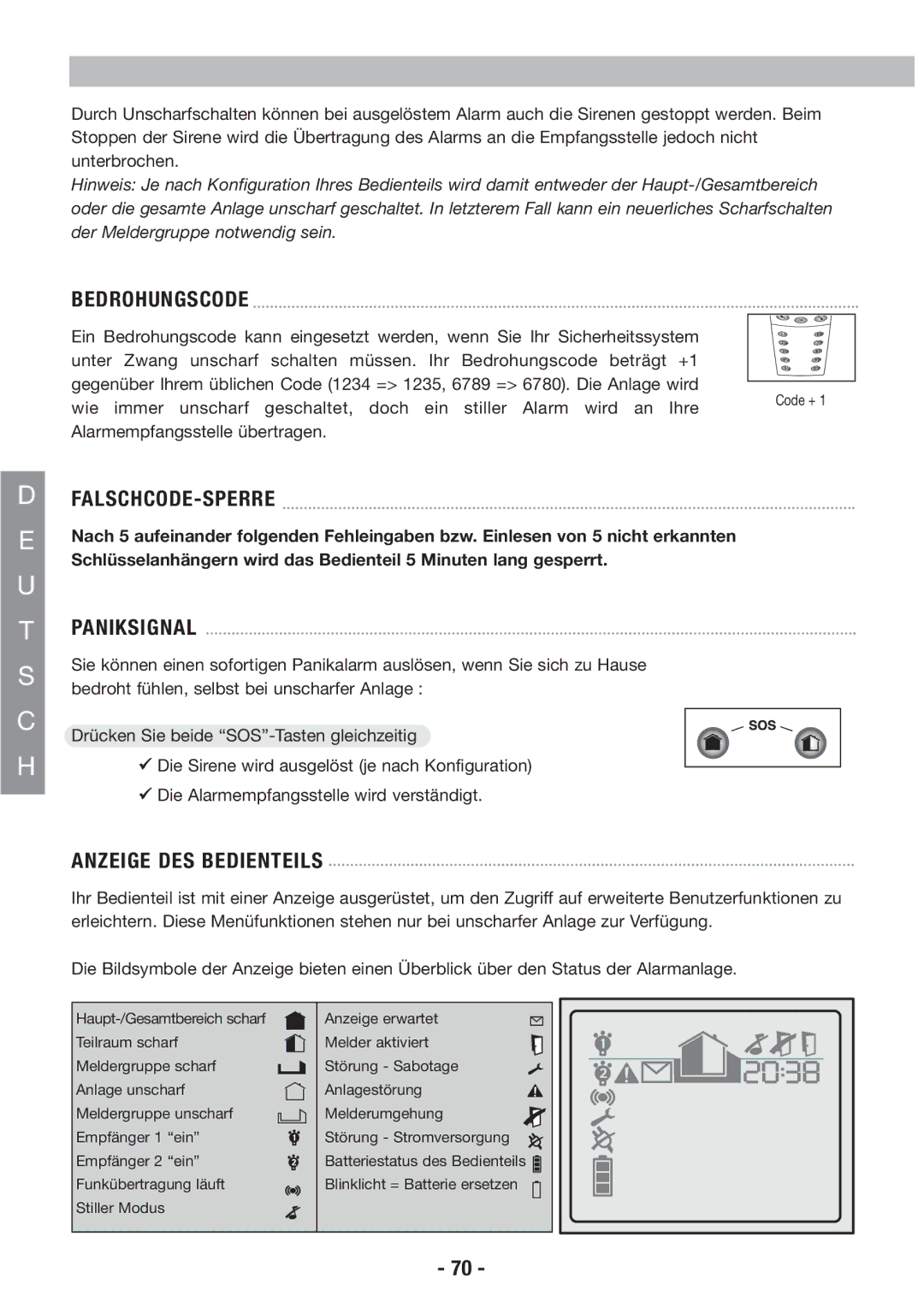 Honeywell EKZ008200B user manual Bedrohungscode, Falschcode-Sperre, Paniksignal, Anzeige DES Bedienteils 