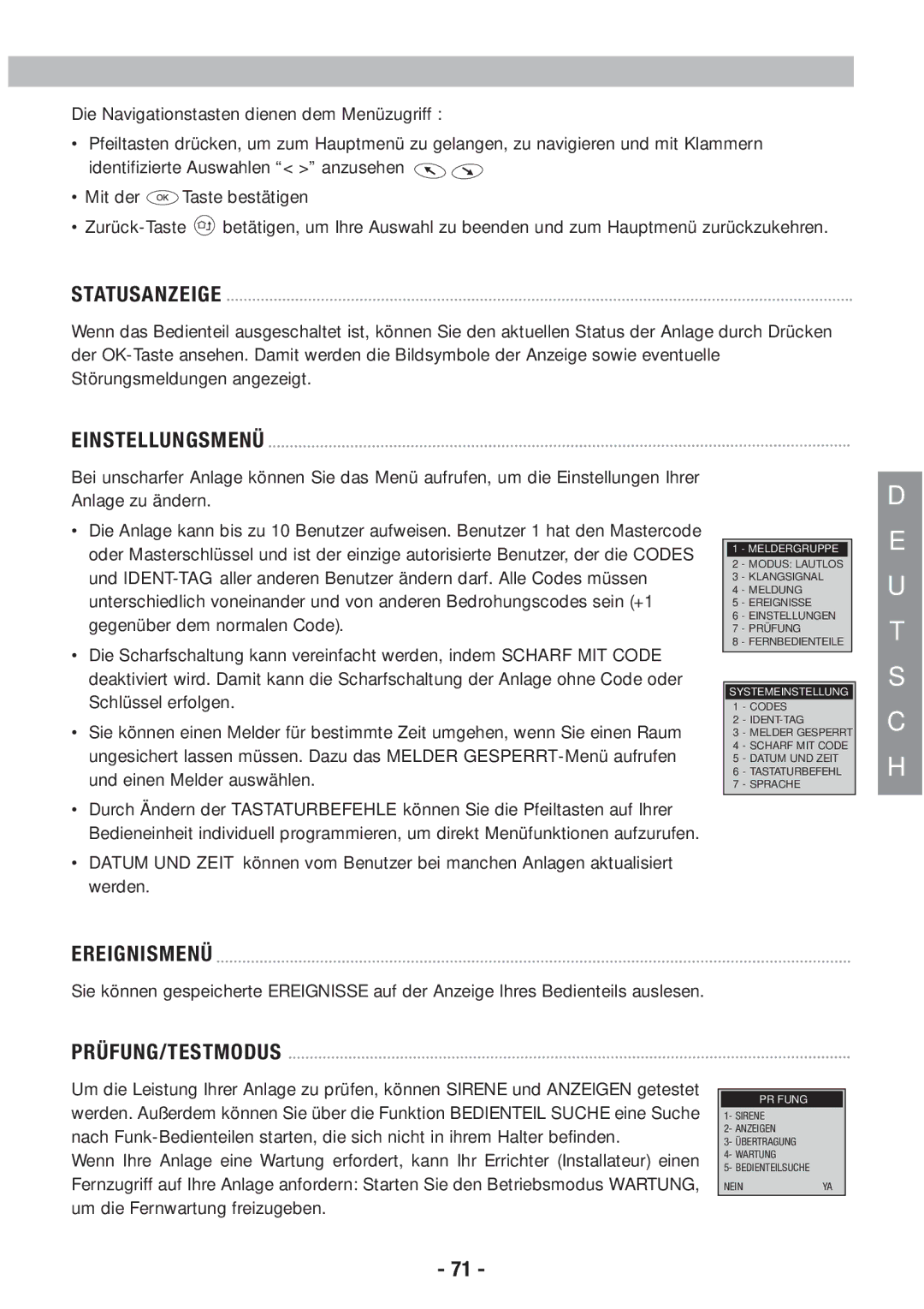 Honeywell EKZ008200B user manual Statusanzeige, Einstellungsmenü, Ereignismenü, Prüfung/Testmodus 