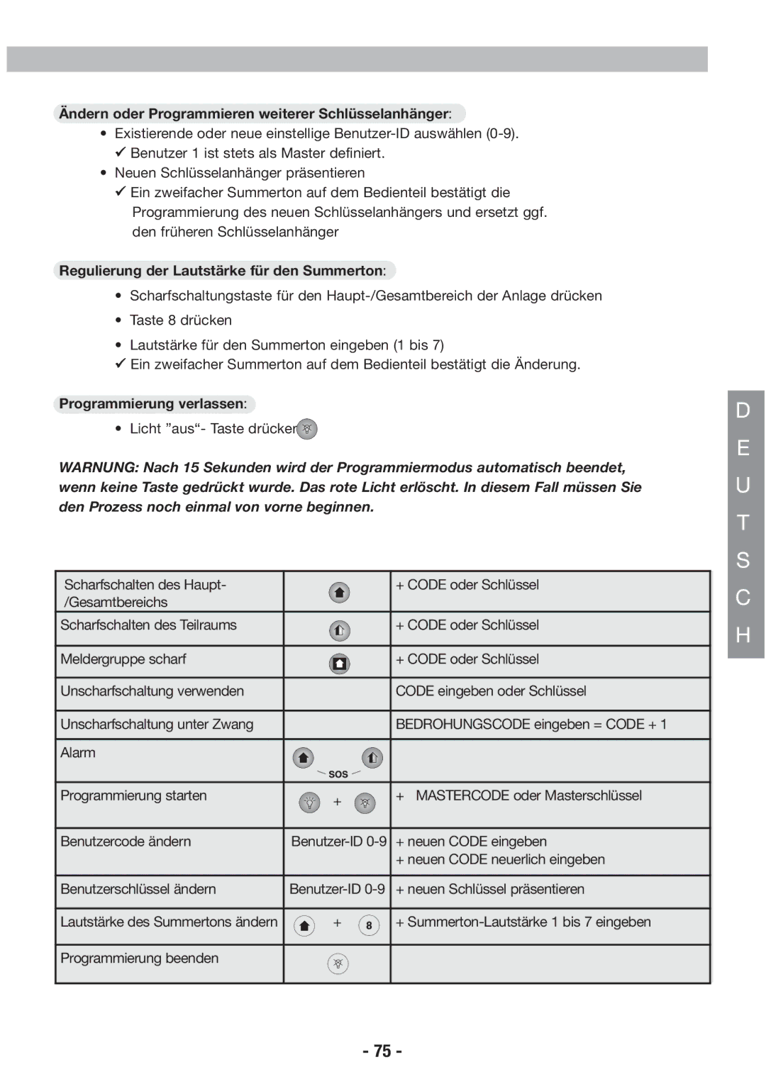 Honeywell EKZ008200B Ändern oder Programmieren weiterer Schlüsselanhänger, Regulierung der Lautstärke für den Summerton 