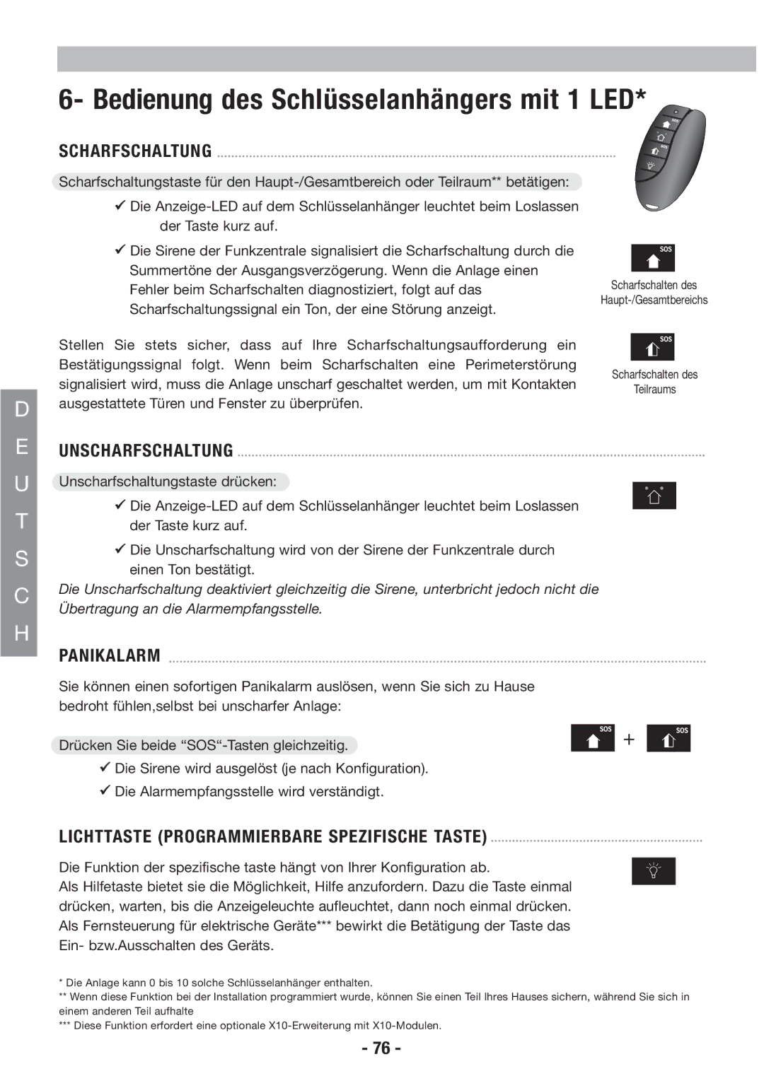 Honeywell EKZ008200B user manual Bedienung des Schlüsselanhängers mit 1 LED, Scharfschaltung, Unscharfschaltung, Panikalarm 