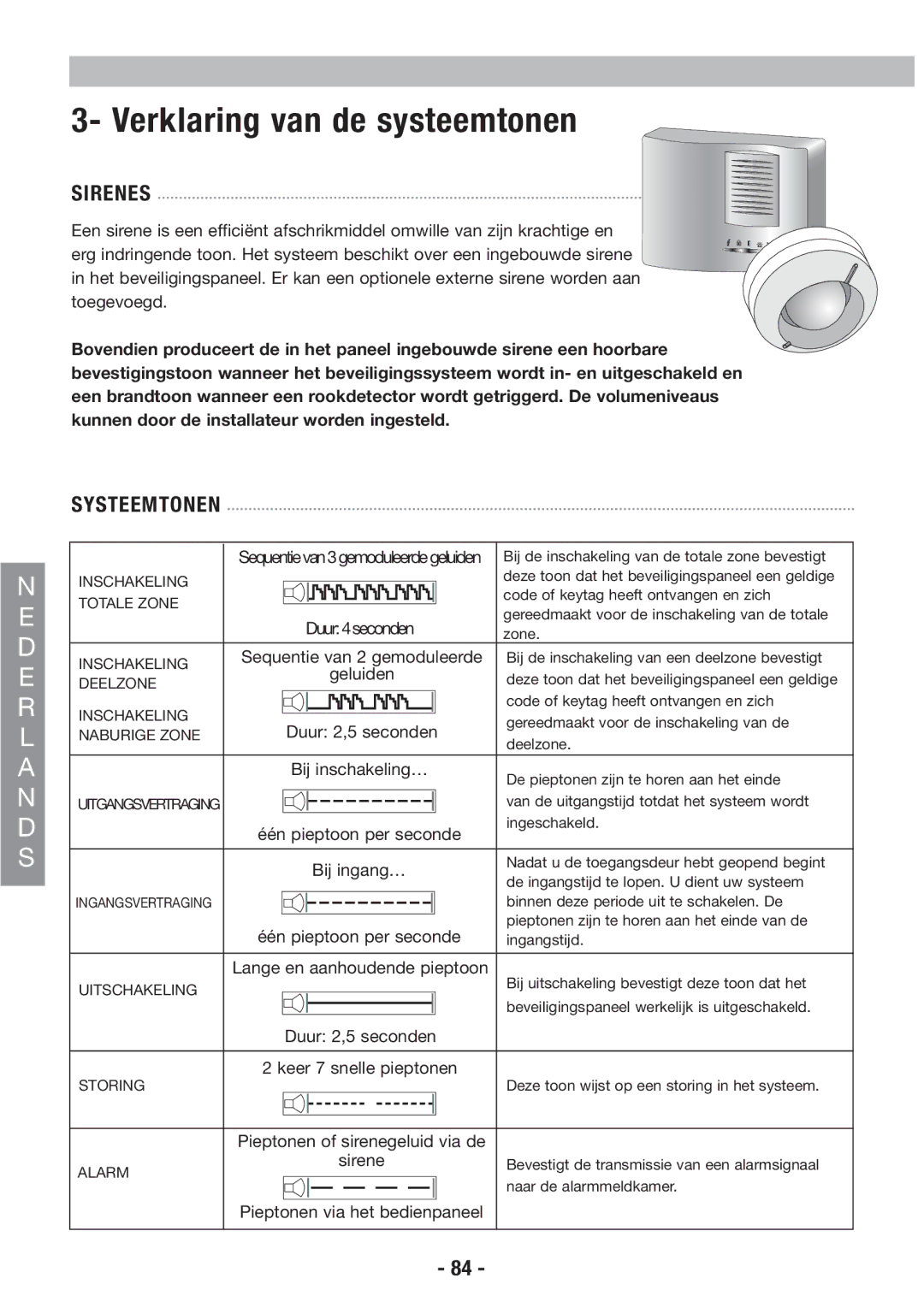 Honeywell EKZ008200B user manual Verklaring van de systeemtonen, Sirenes, Systeemtonen 