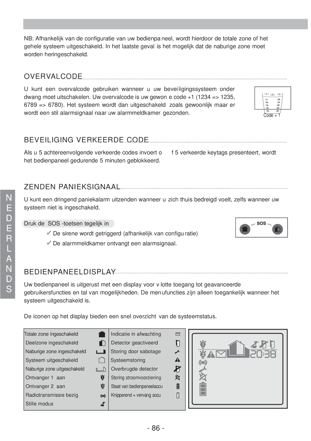 Honeywell EKZ008200B user manual Overvalcode, Beveiliging Verkeerde Code, Zenden Panieksignaal, Bedienpaneeldisplay 