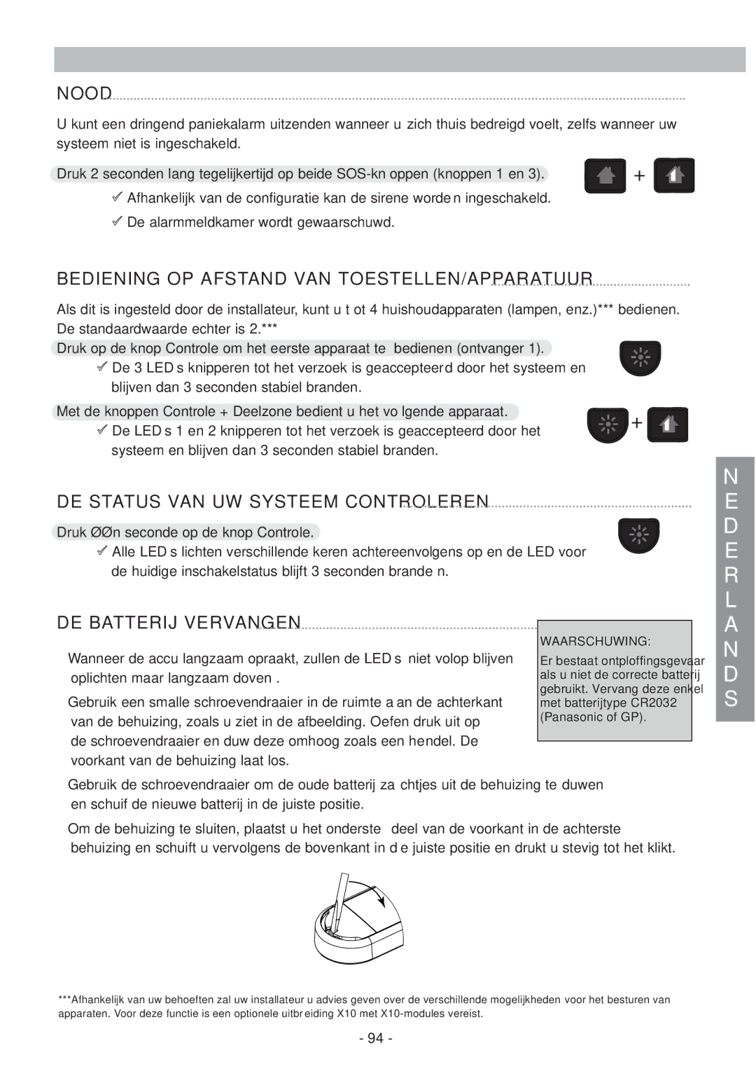 Honeywell EKZ008200B user manual Nood, Bediening OP Afstand VAN TOESTELLEN/APPARATUUR, DE Status VAN UW Systeem Controleren 