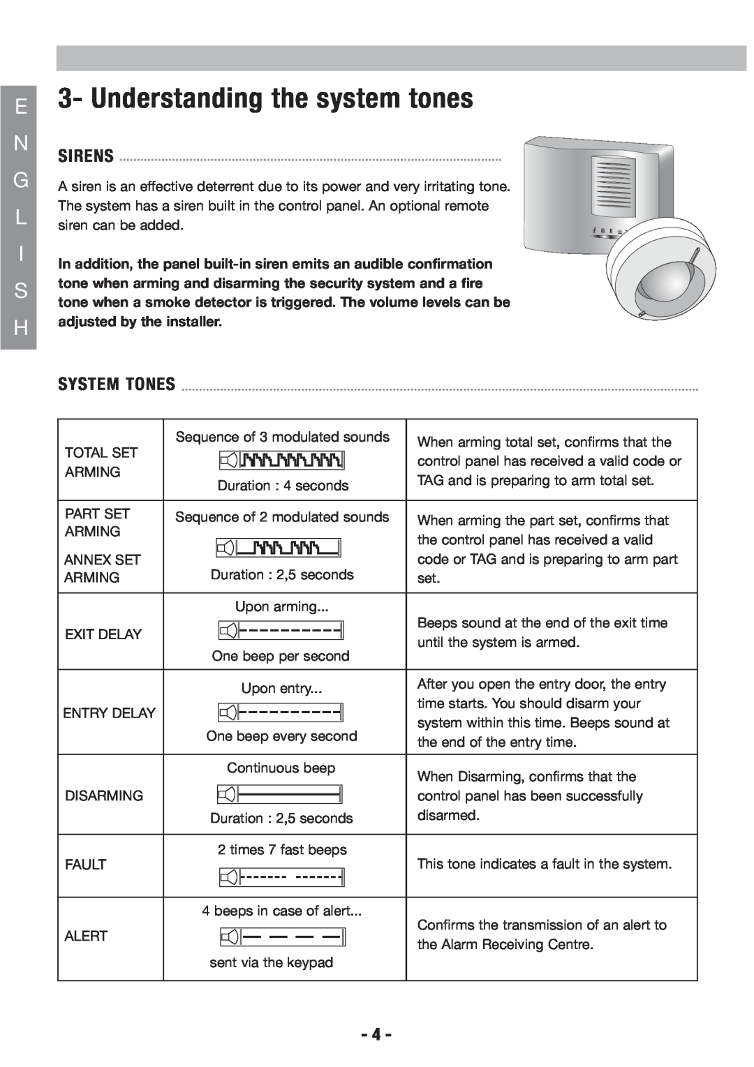 Honeywell EKZ008200B user manual E3- Understanding the system tones, Sirens, adjusted by the installer 