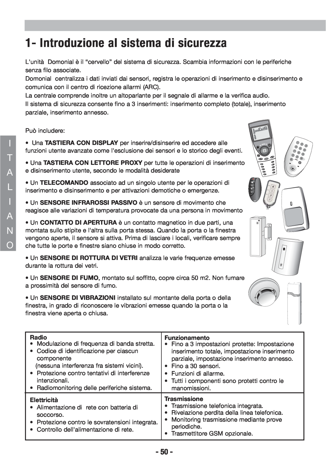 Honeywell EKZ008200B user manual Introduzione al sistema di sicurezza, Radio, Funzionamento, Elettricità, Trasmissione 