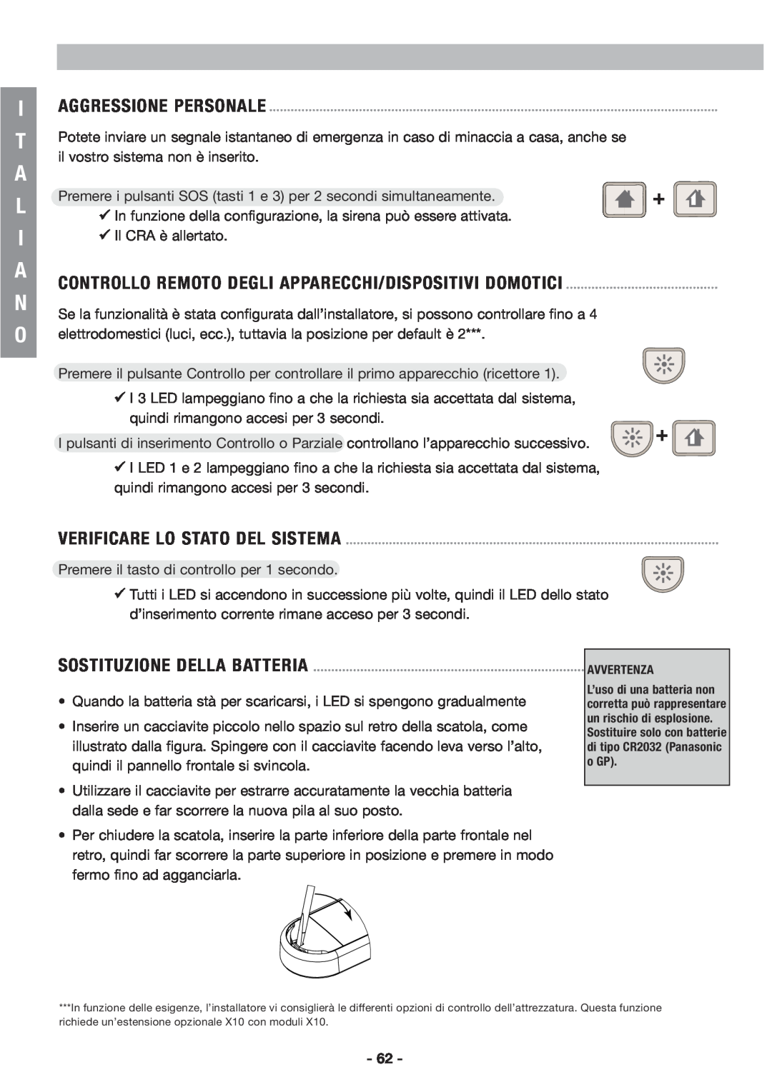 Honeywell EKZ008200B user manual Iaggressione Personale, Verificare Lo Stato Del Sistema, Sostituzione Della Batteria 