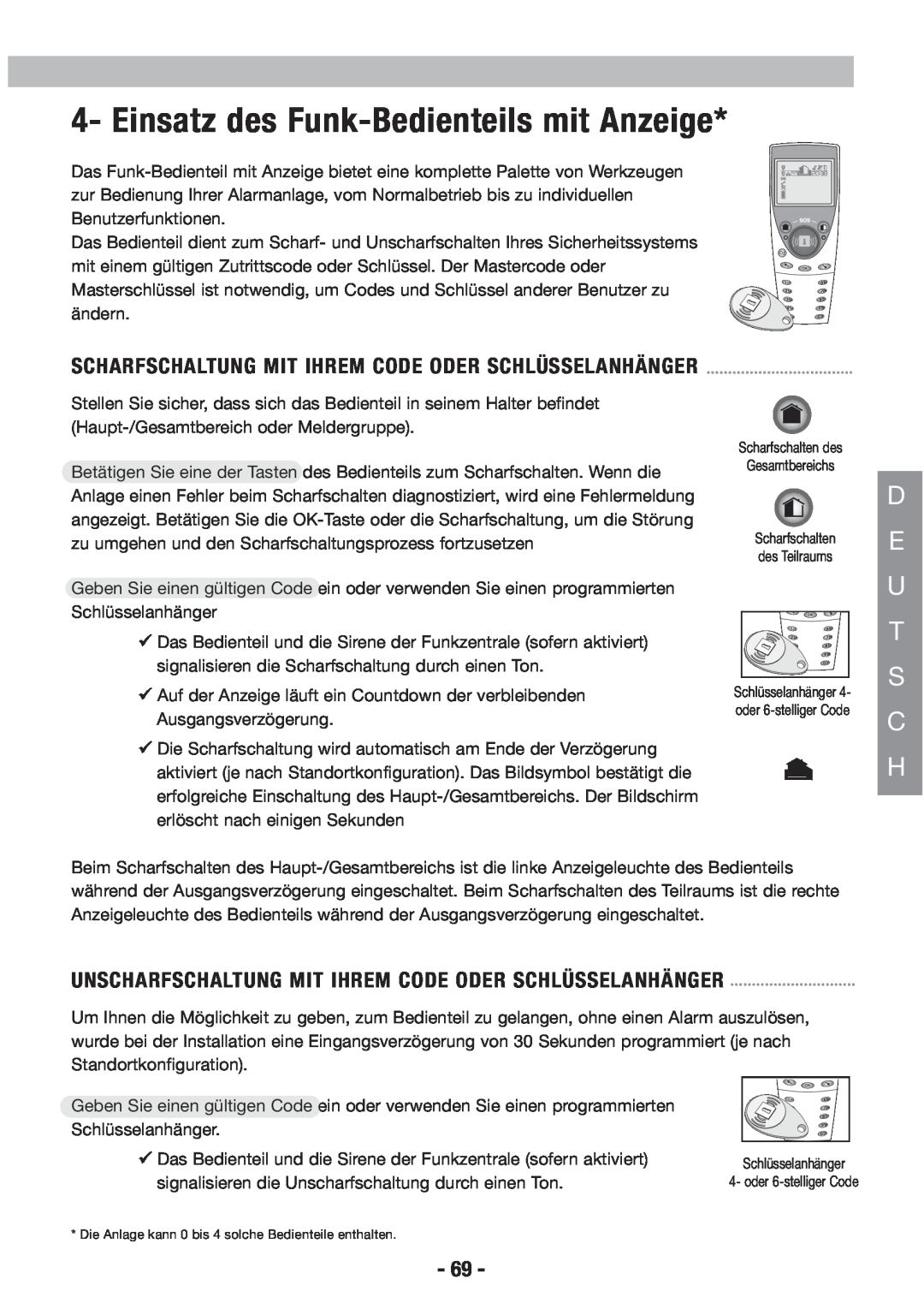 Honeywell EKZ008200B user manual Einsatz des Funk-Bedienteilsmit Anzeige, D E U T S C H 