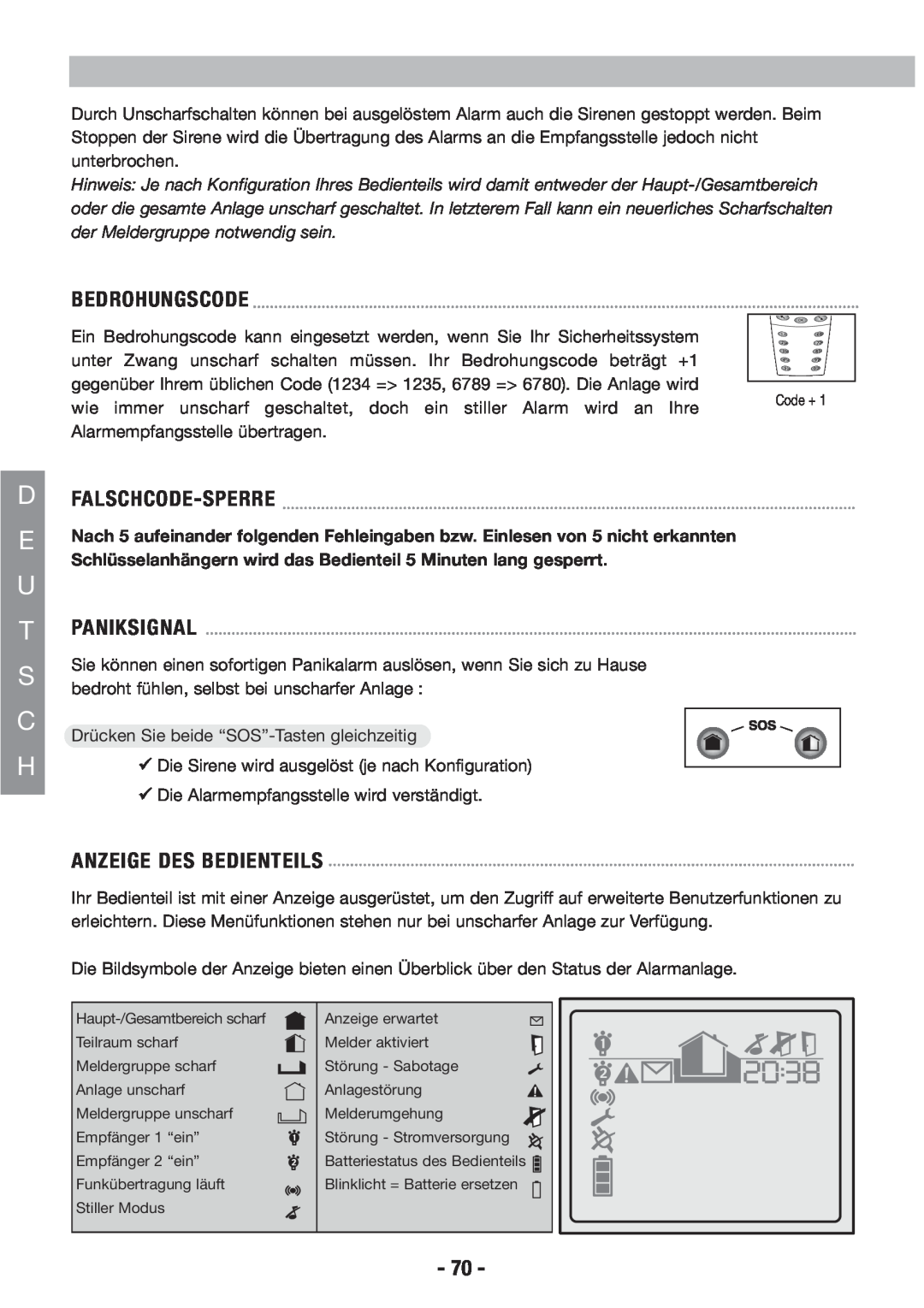 Honeywell EKZ008200B user manual Bedrohungscode, Dfalschcode-Sperre, Tpaniksignal, Anzeige Des Bedienteils 
