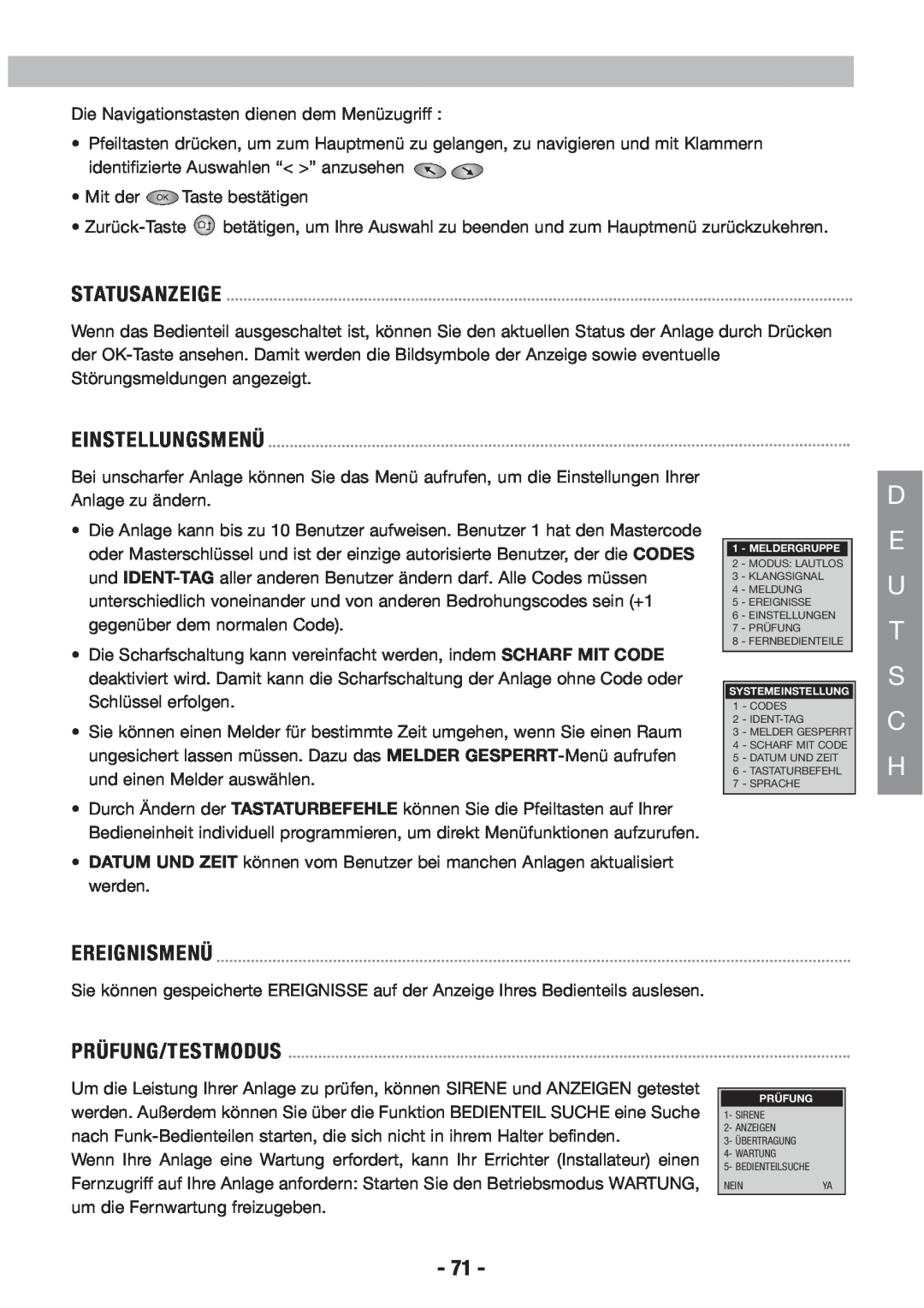 Honeywell EKZ008200B user manual D E U T S C H, Statusanzeige, Einstellungsmenü, Ereignismenü, Prüfung/Testmodus 