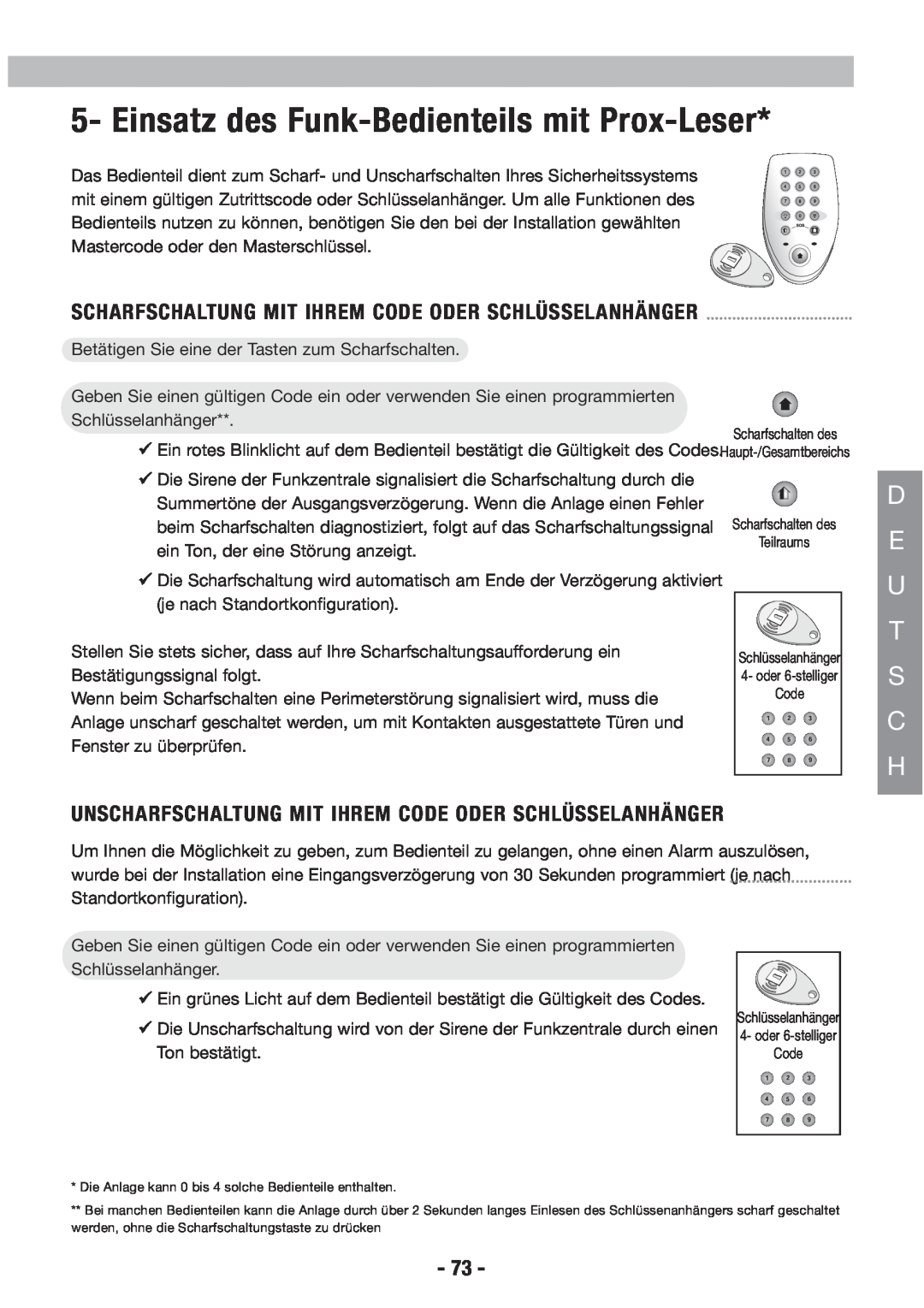 Honeywell EKZ008200B user manual Einsatz des Funk-Bedienteilsmit Prox-Leser, D E U T S C H 