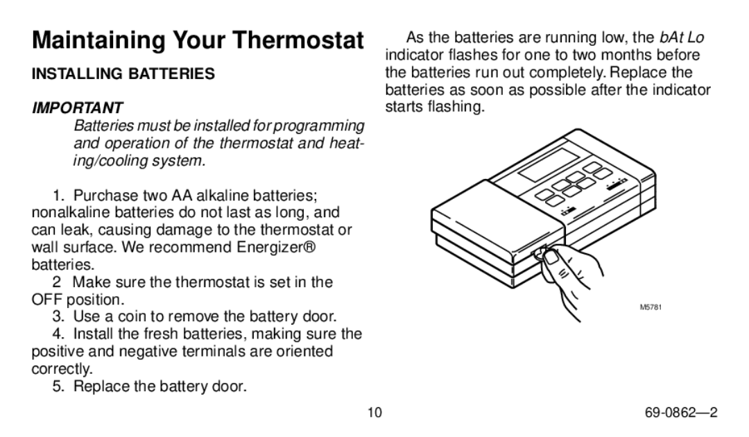 Honeywell Electronic Programmable Thermostat owner manual Maintaining Your Thermostat, Installing Batteries 