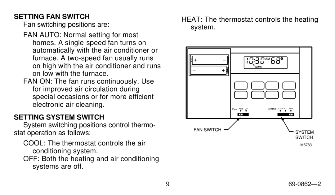 Honeywell Electronic Programmable Thermostat owner manual Setting FAN Switch, Setting System Switch 