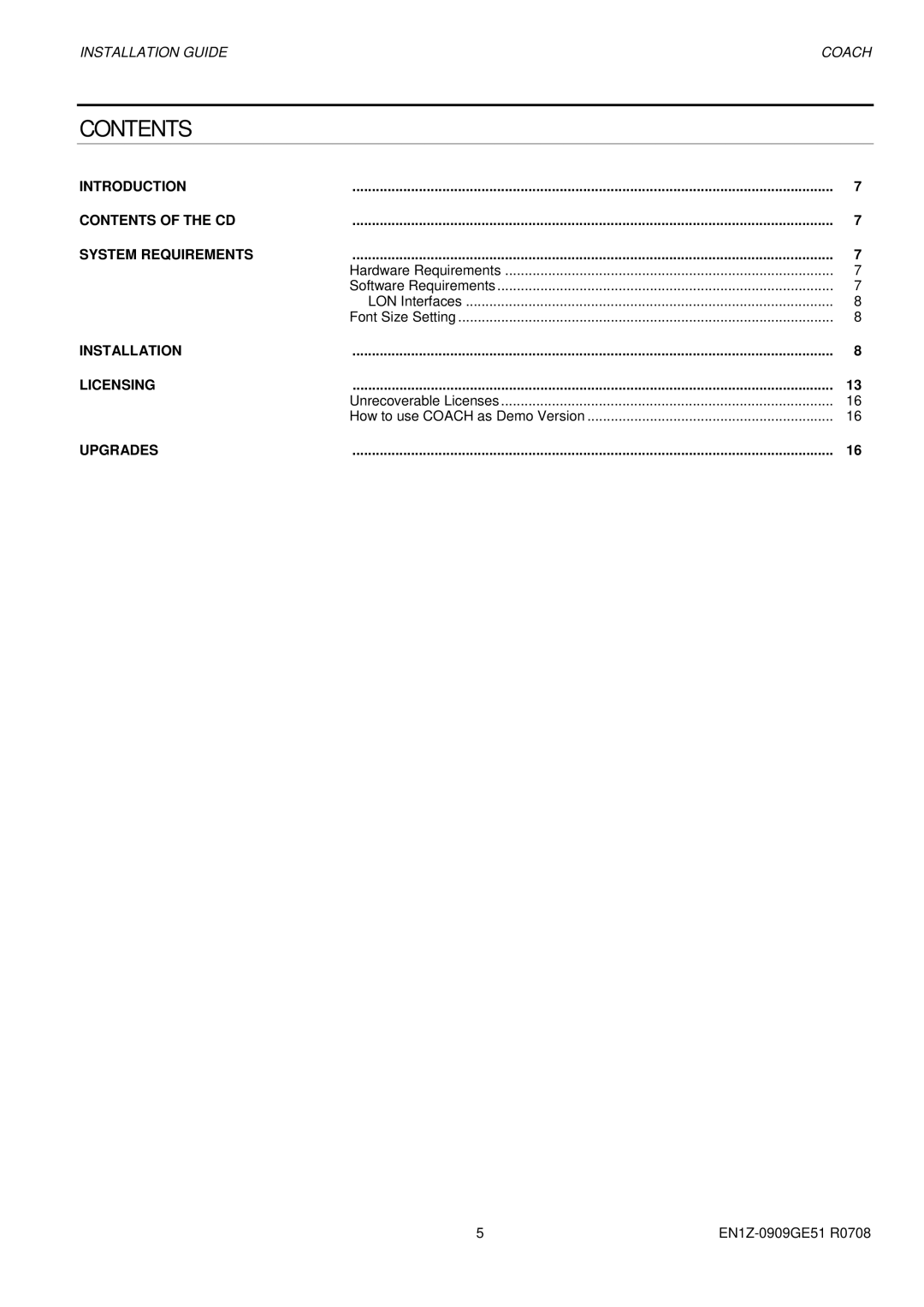 Honeywell EN1Z0909GE51 R0708 manual Contents 