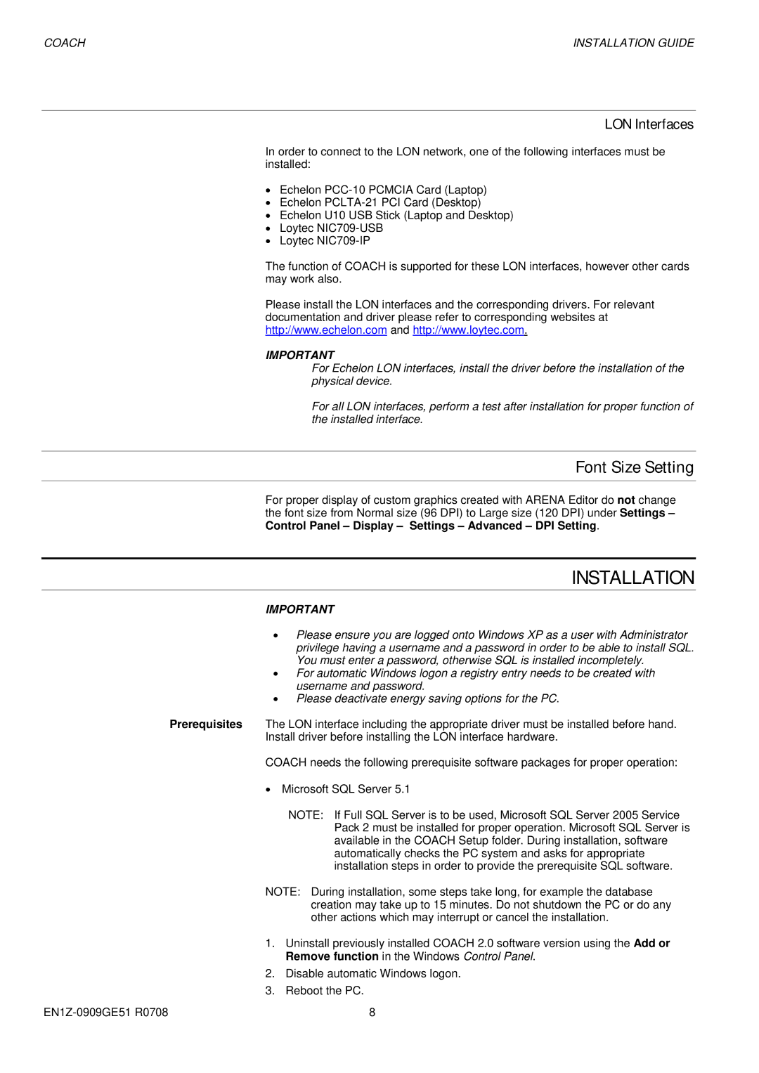 Honeywell EN1Z0909GE51 R0708 manual Installation, Font Size Setting 