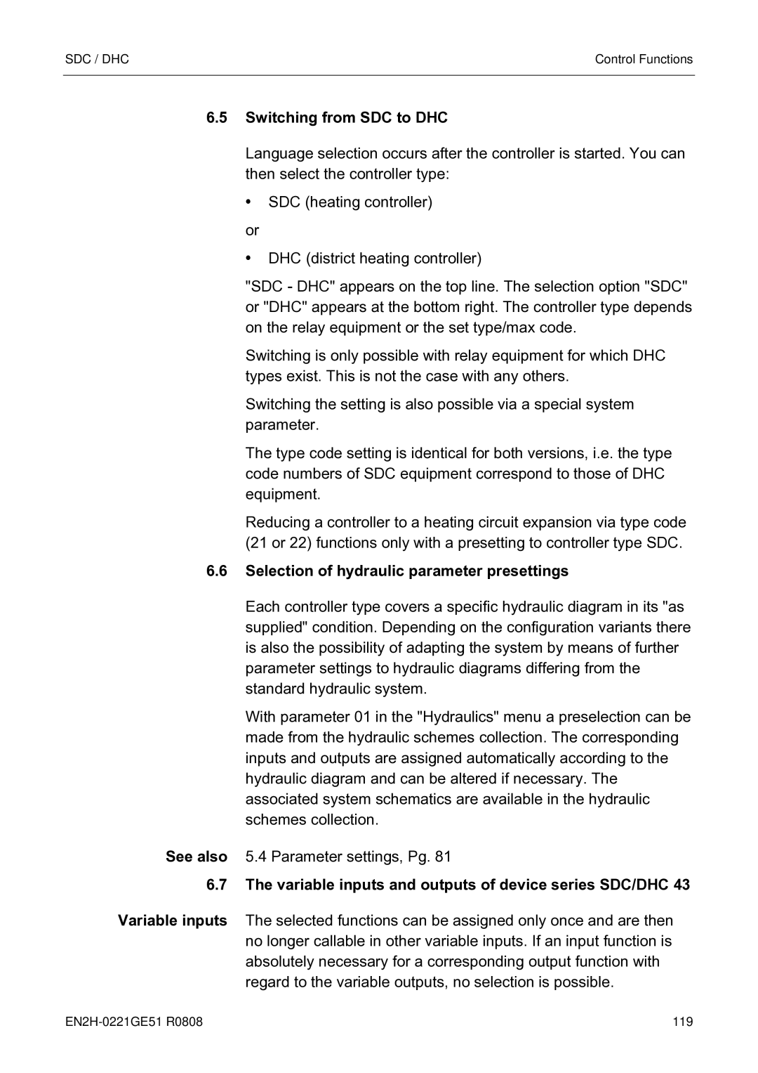 Honeywell EN2H-0221GE51 R0808 service manual Switching from SDC to DHC, Selection of hydraulic parameter presettings 