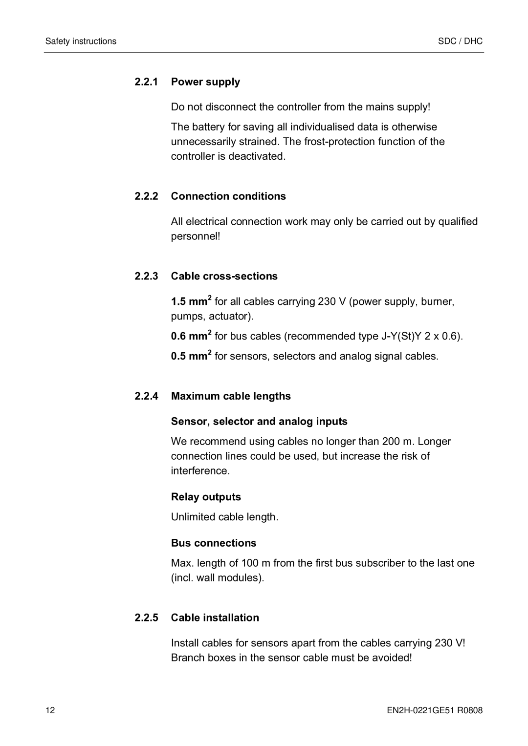 Honeywell EN2H-0221GE51 R0808 service manual Power supply, Connection conditions, Cable cross-sections, Bus connections 