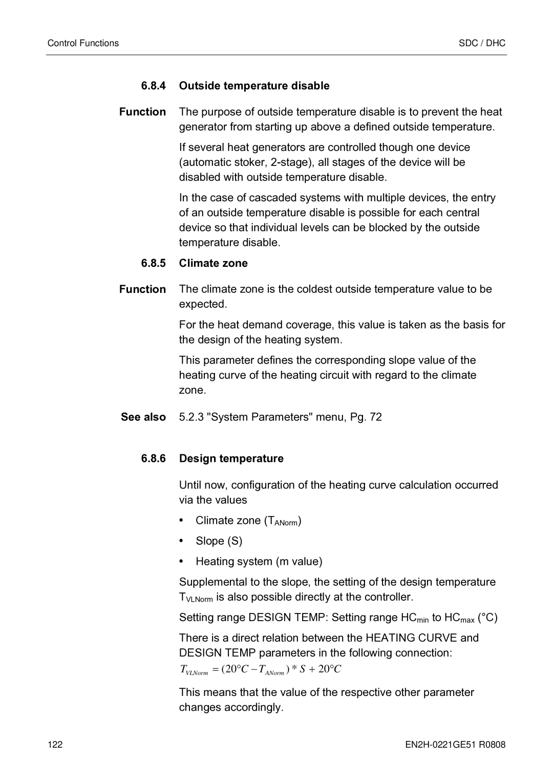 Honeywell EN2H-0221GE51 R0808 service manual Outside temperature disable, Climate zone, Design temperature 