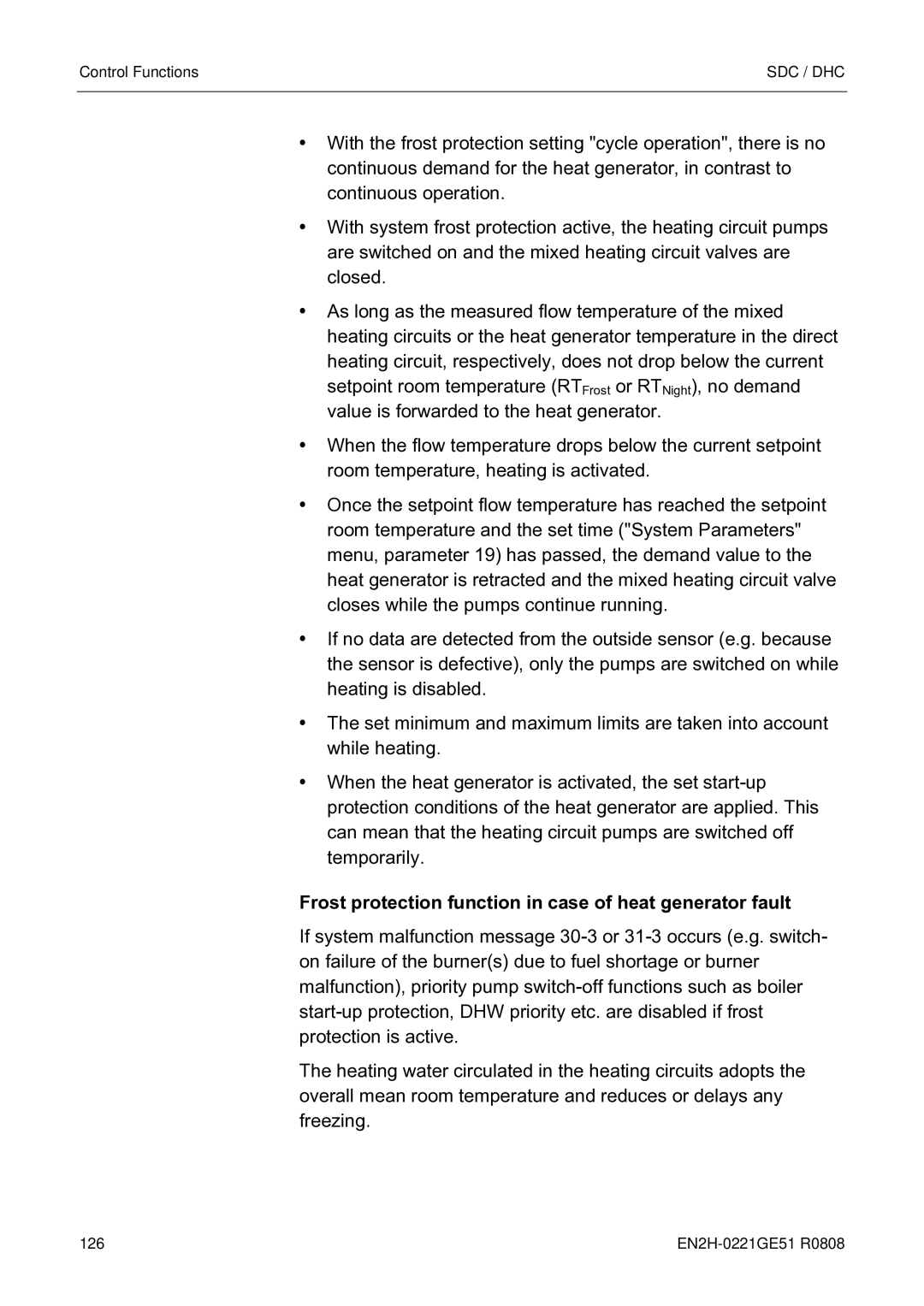 Honeywell EN2H-0221GE51 R0808 service manual Frost protection function in case of heat generator fault 