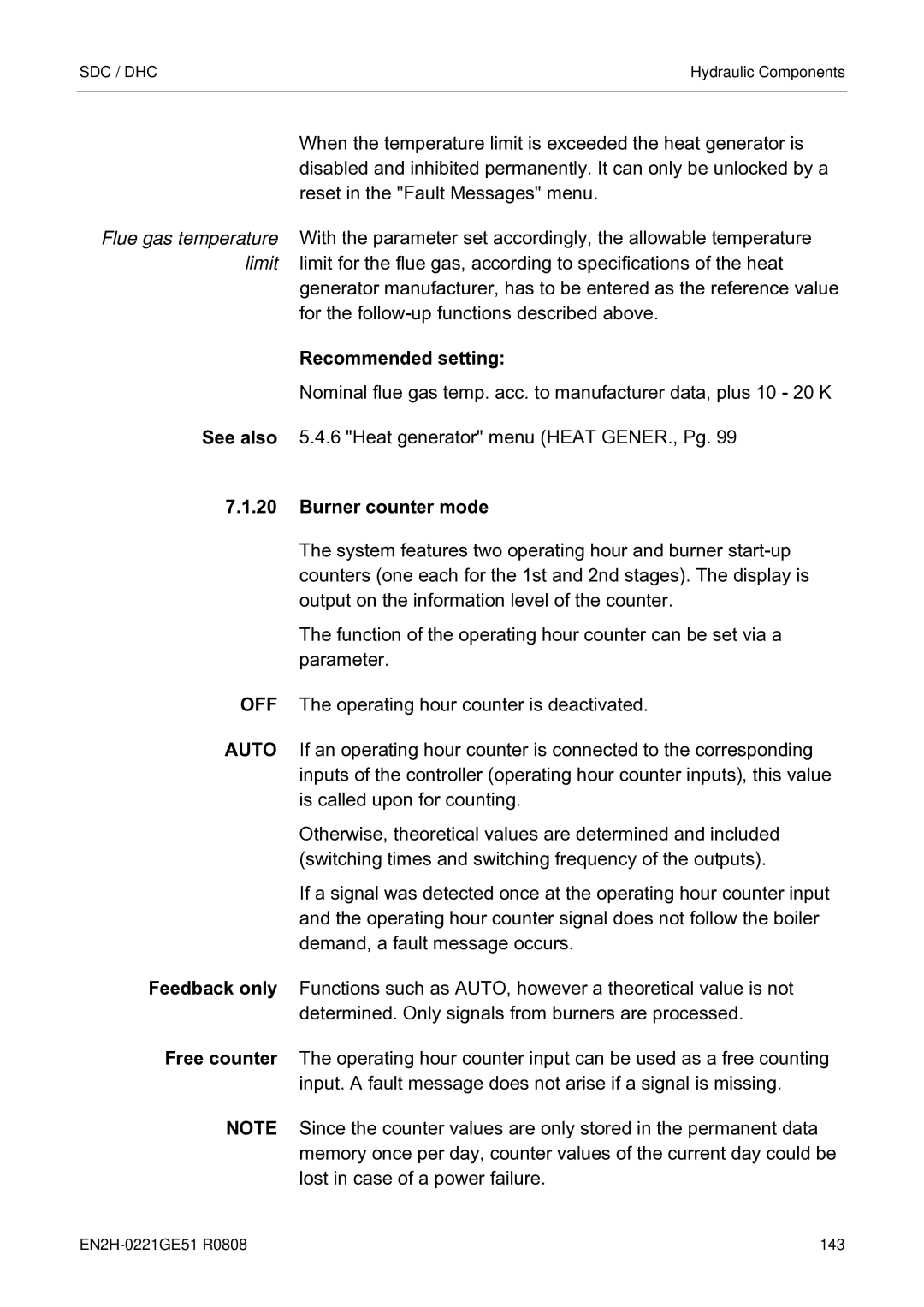 Honeywell EN2H-0221GE51 R0808 service manual Recommended setting, Burner counter mode 