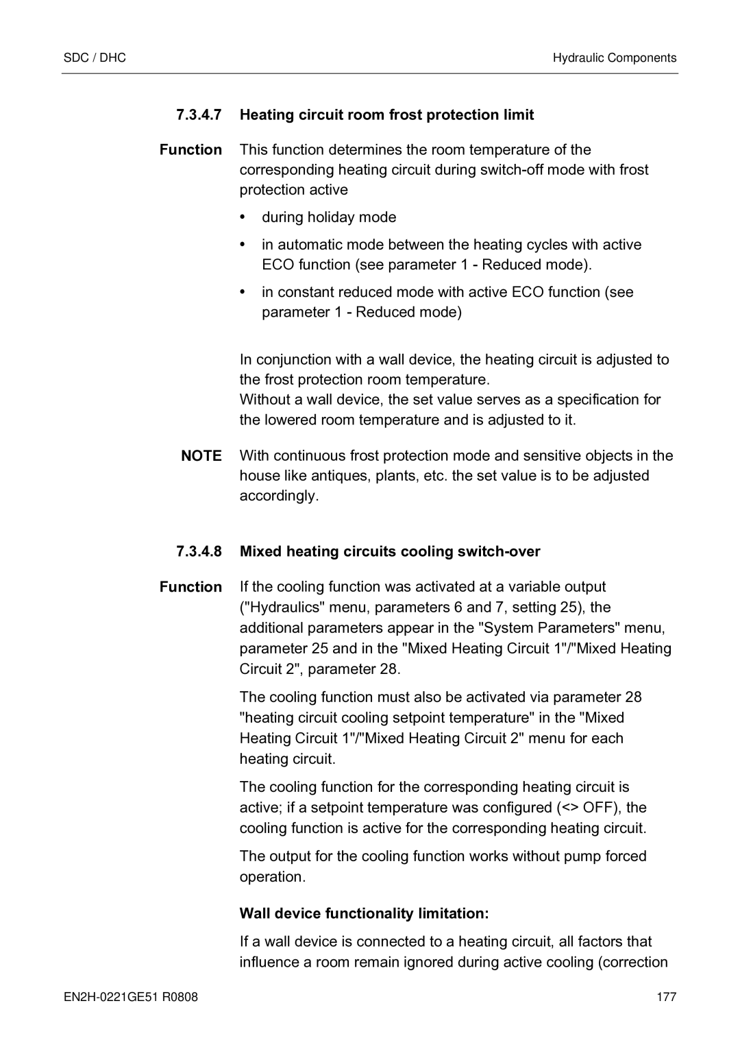 Honeywell EN2H-0221GE51 R0808 Heating circuit room frost protection limit Function, Wall device functionality limitation 