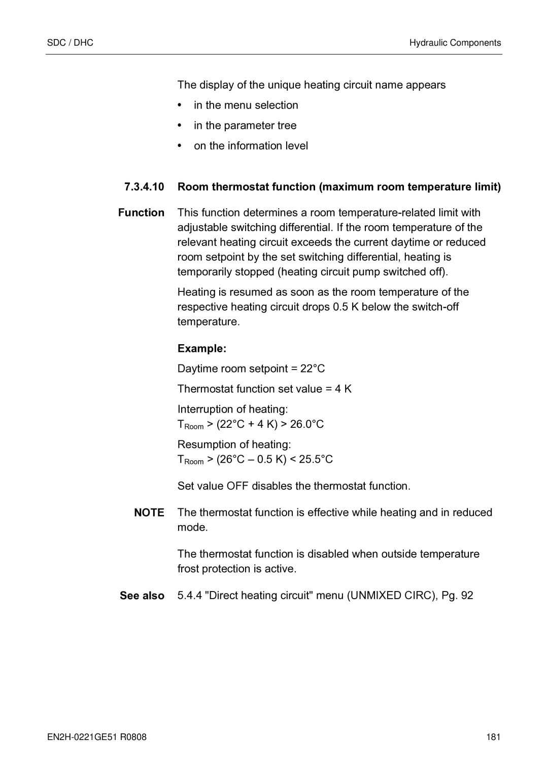 Honeywell EN2H-0221GE51 R0808 service manual Room thermostat function maximum room temperature limit, Example 