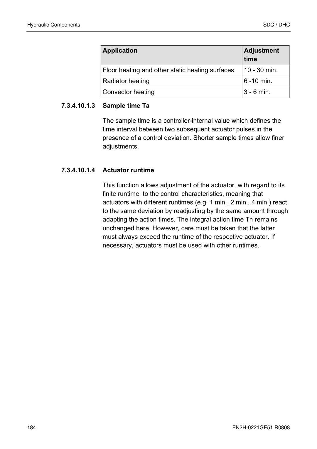 Honeywell EN2H-0221GE51 R0808 service manual Application Adjustment Time, Sample time Ta, Actuator runtime 