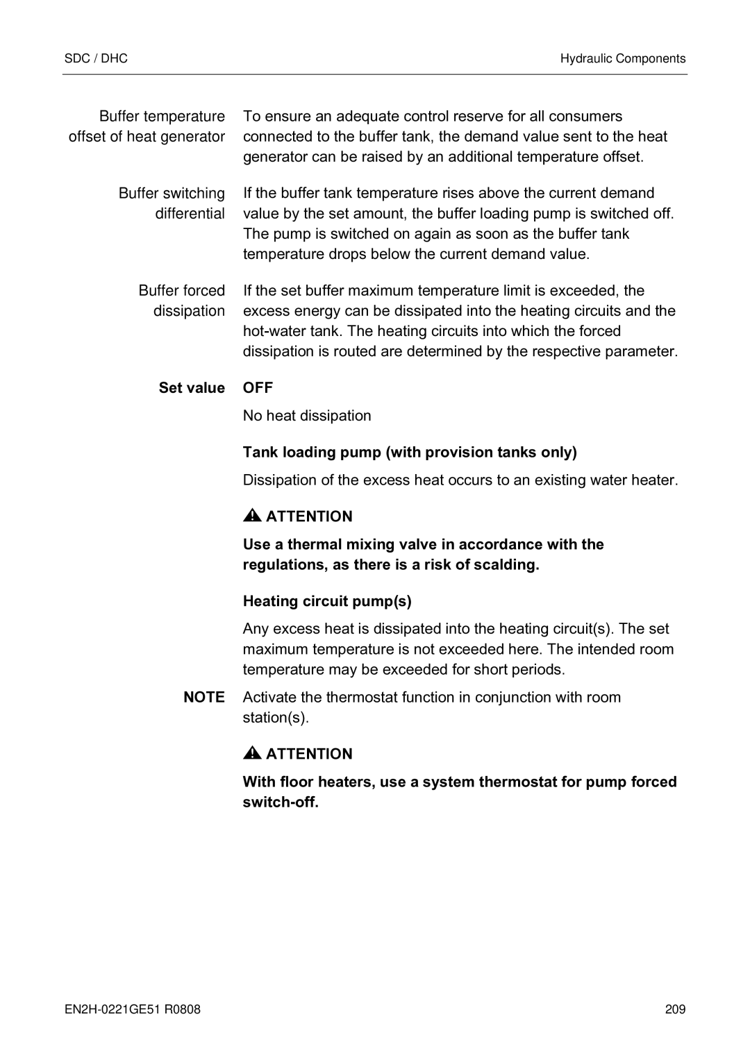 Honeywell EN2H-0221GE51 R0808 service manual Set value OFF, Tank loading pump with provision tanks only 