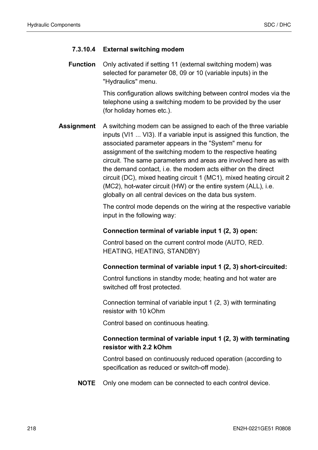 Honeywell EN2H-0221GE51 R0808 service manual External switching modem, Connection terminal of variable input 1 2, 3 open 